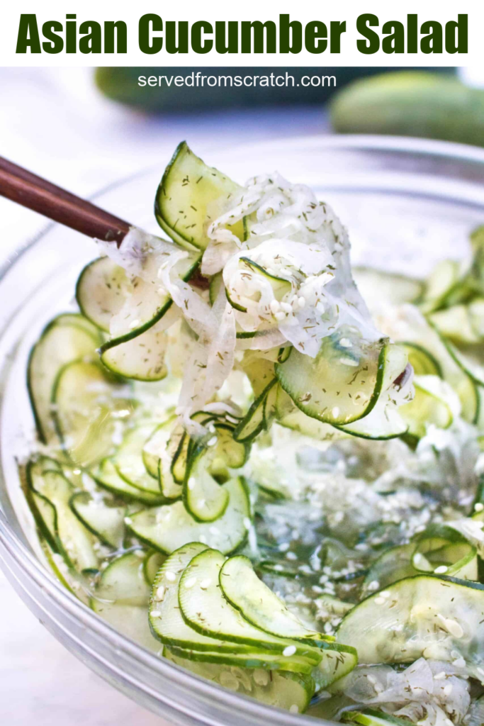 a bowl of thinly sliced cucumbers and onions with chopsticks with Pinterest pin text.