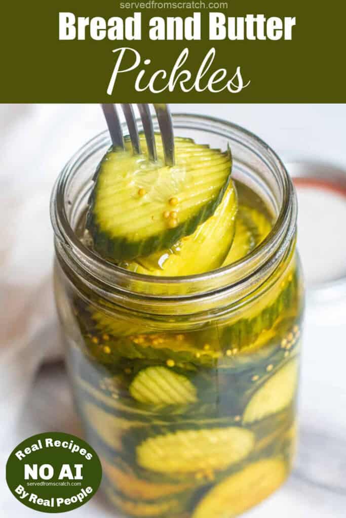 a fork taking pickles out of a jar with Pinterest pin text with NO AI sticker.