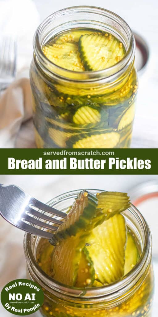 an open mason jar of bread and butter pickles with Pinterest pin text with NO AI sticker and a fork with some pickles coming out of the jar.