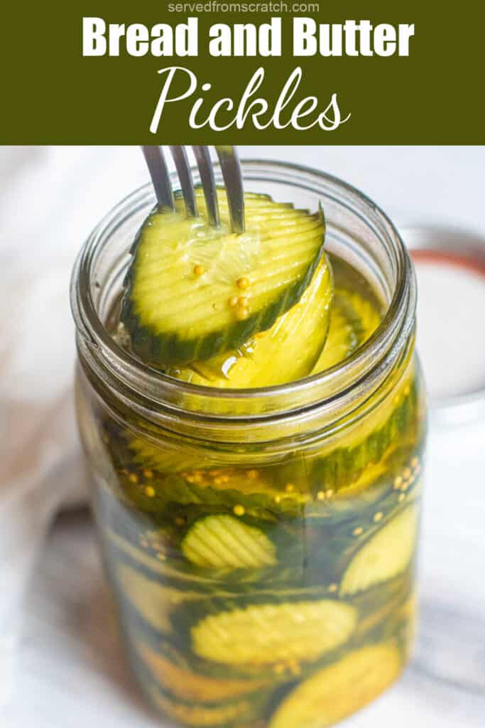 a fork taking pickles out of a jar with Pinterest pin text.