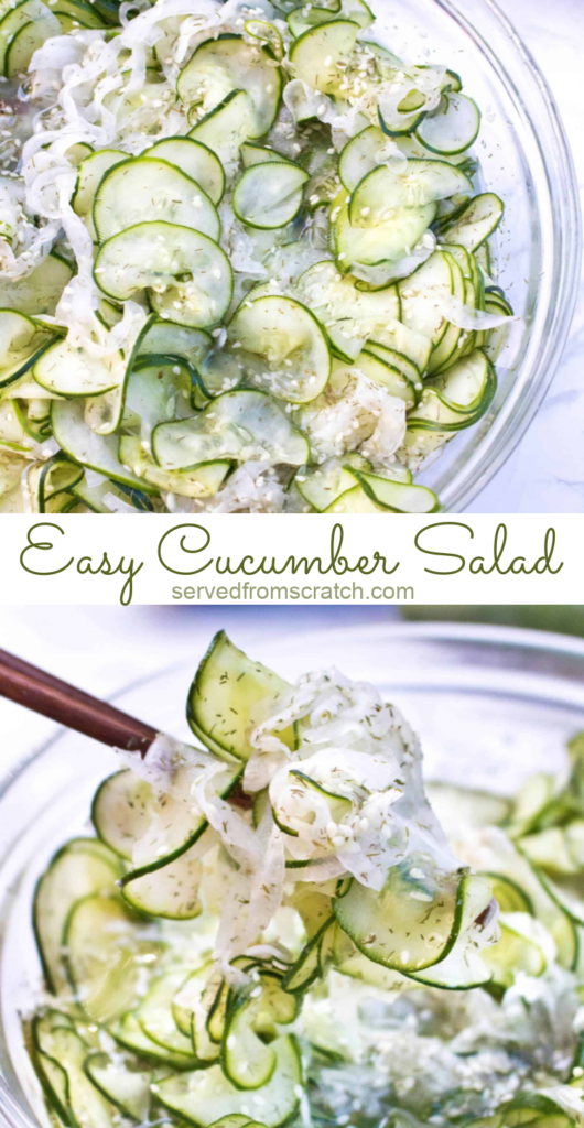 chopsticks holding thinly sliced cucumbers in a bowl with Pinterest pin text.