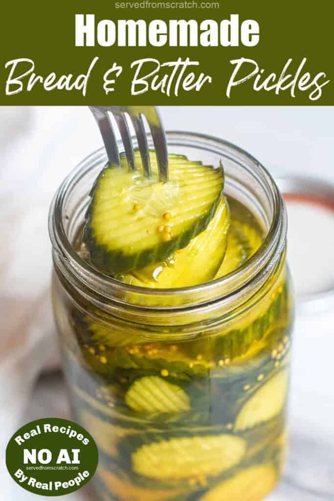 a fork taking pickles out of a jar with Pinterest pin text with NO AI sticker.
