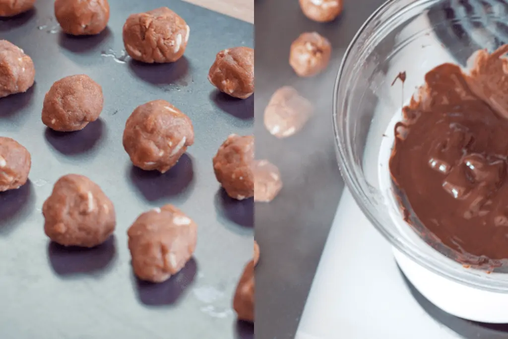 rolled peanut butter balls and a bowl of chocolate in a double boiler.