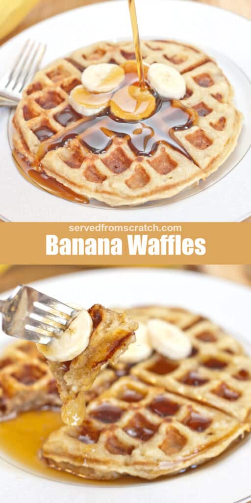 a large waffle on a plate with sliced bananas and maple syrup being poured on, Pinterest pin text, and a fork holding up a bite.