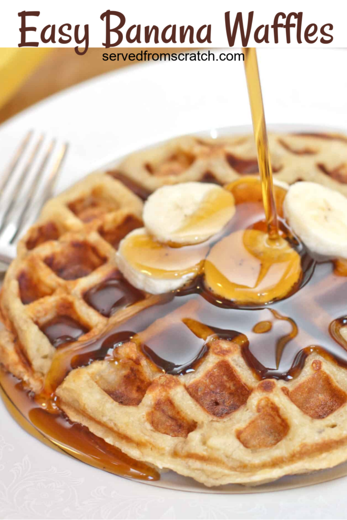 maple syrup being poured on banana waffles.