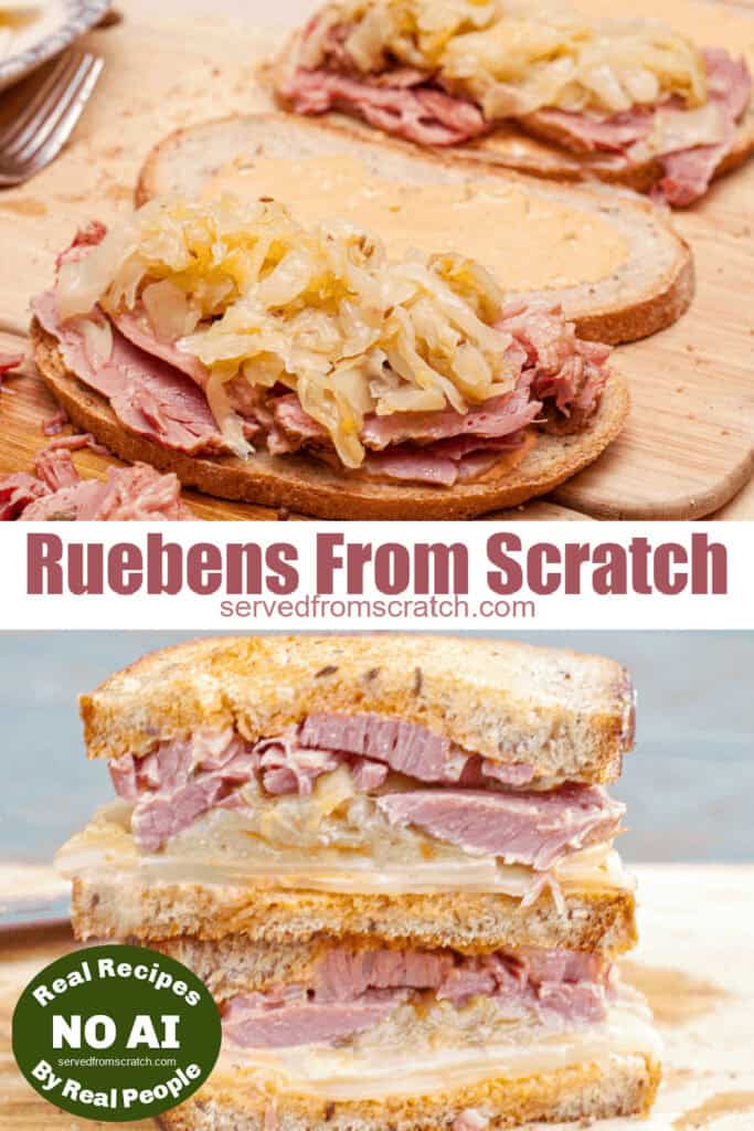 reuben sandwich being assembled and cut and stacked and NO AI sticker.