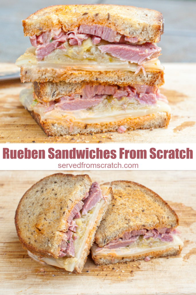 reuben sandwich being assembled and cut and stacked.