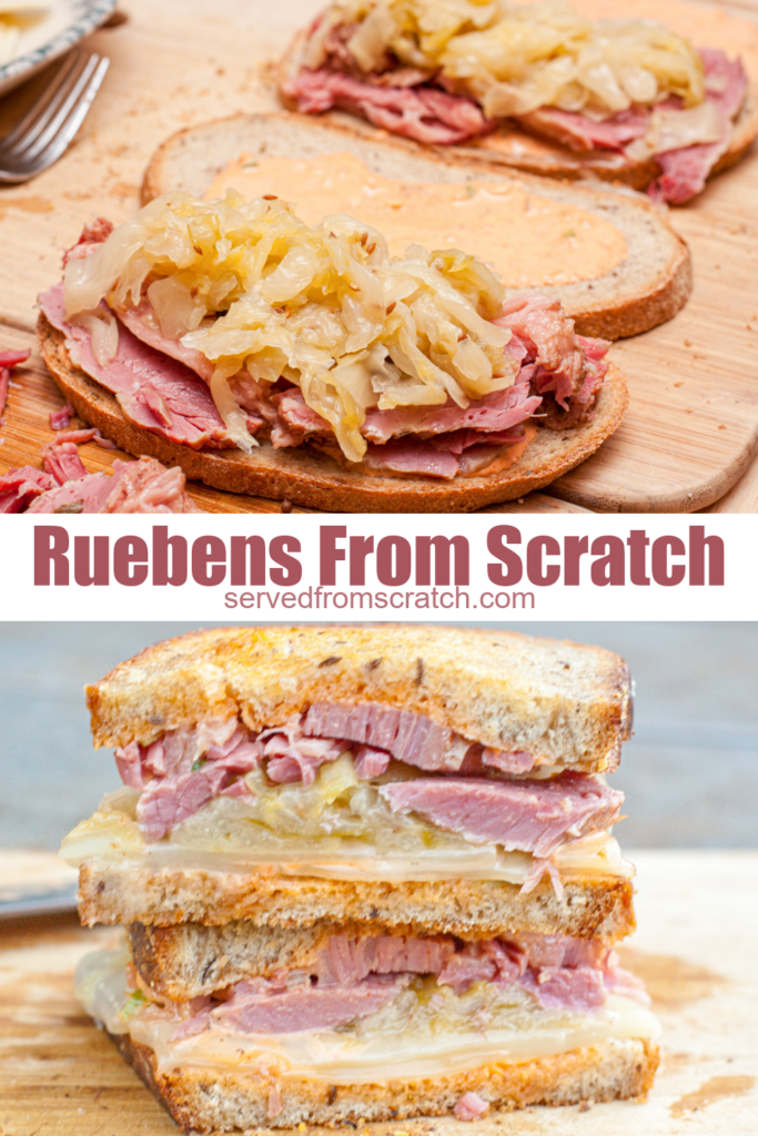 reuben sandwich being assembled and cut and stacked.