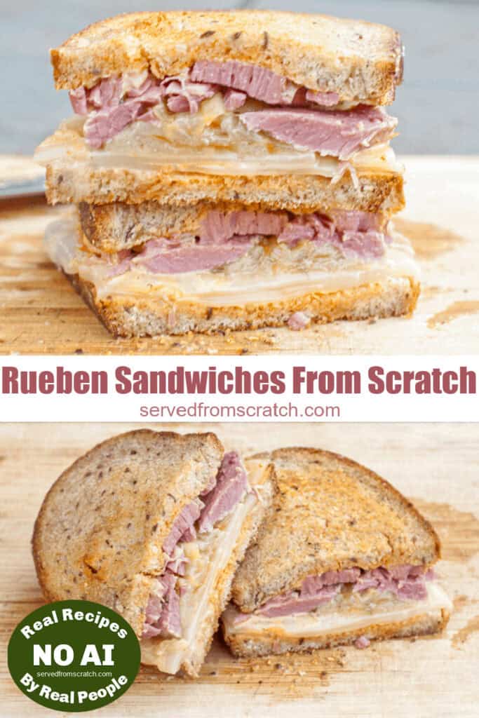 stacked rueben sandwiches with Pinterest pin text and NO AI sticker.