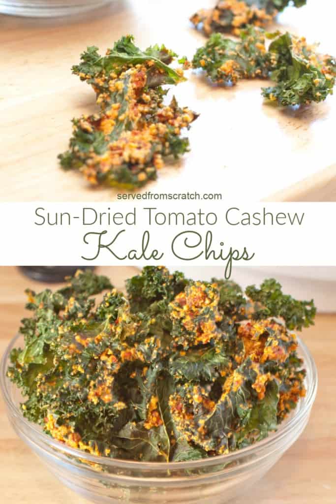 loaded kale chips on a counter and in a bowl with Pinterest Pin text.