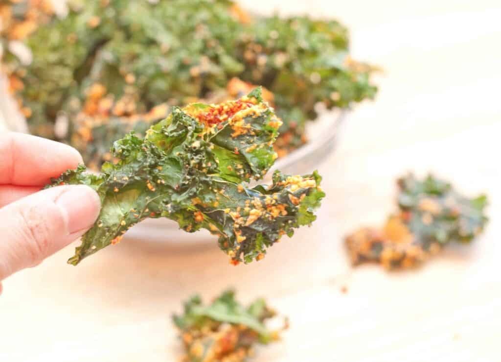 a hand holding a kale chip with cashews and sundried tomatoes.