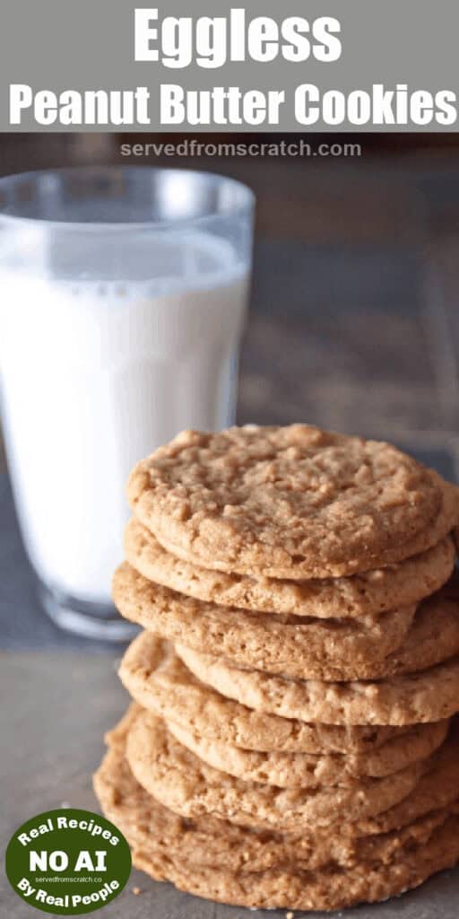 a stack of thin crispy cookies in front of a glass of milk with Pinterest Pin Text and NO AI Sticker.