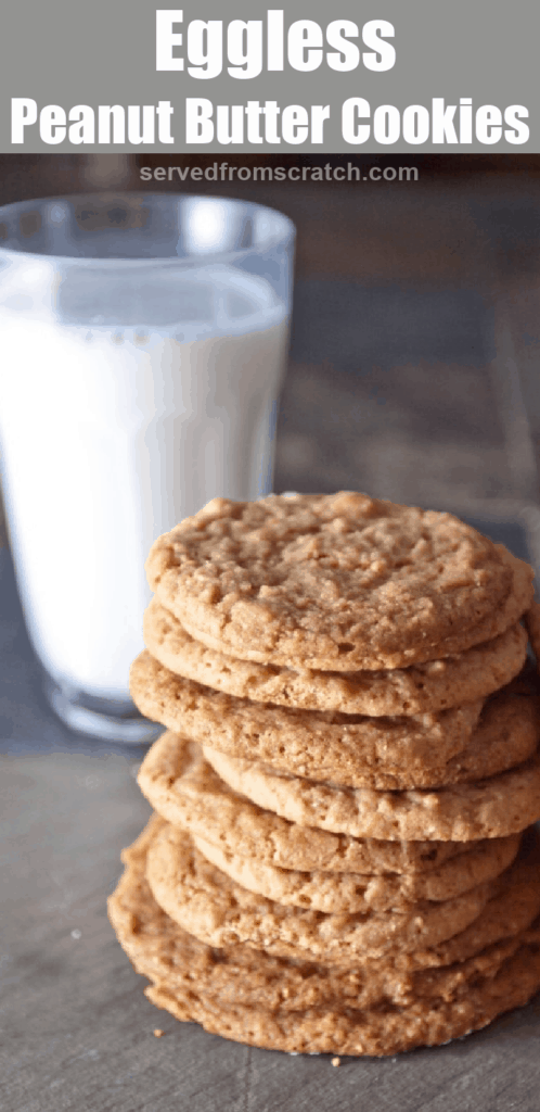 a stack of thin cookies next to a glass of milk with Pinterest pin text.