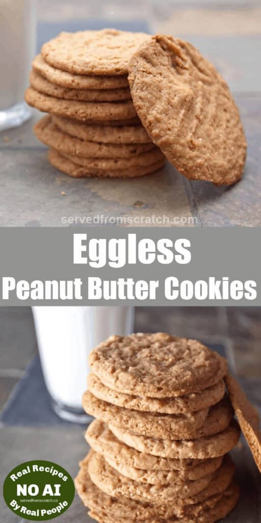 a stack of thin crispy cookies in front of a glass of milk with Pinterest Pin Text and NO AI Sticker.