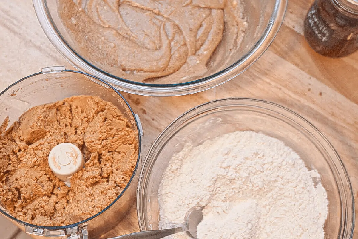 3 bowls, peanut butter, and bowl.