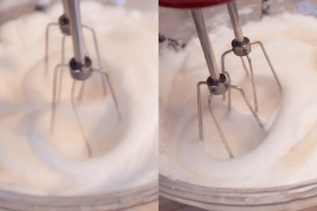 two bowls with eggs being beaten into meringues