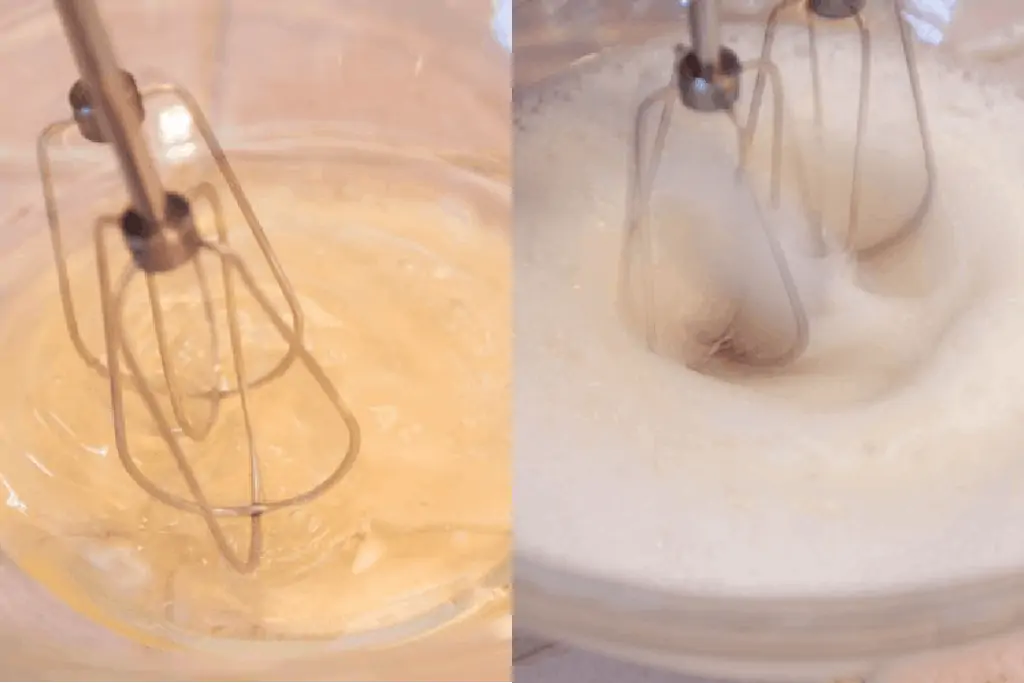 two bowls with hand mixer mixing egg whites