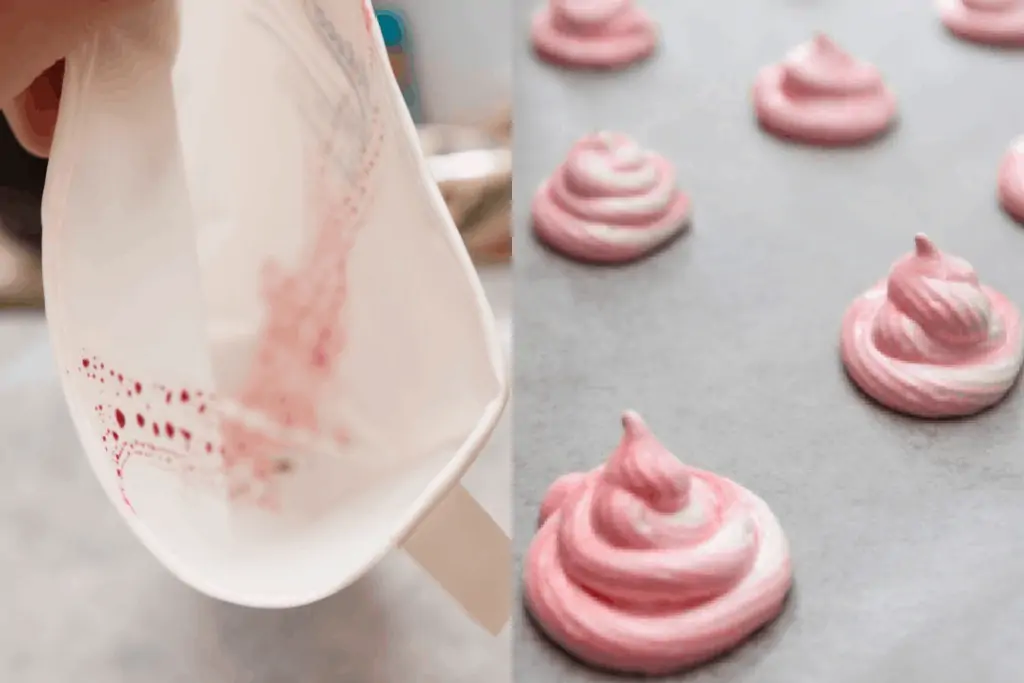 a piping bag with food coloring in and the piped meringue cookies