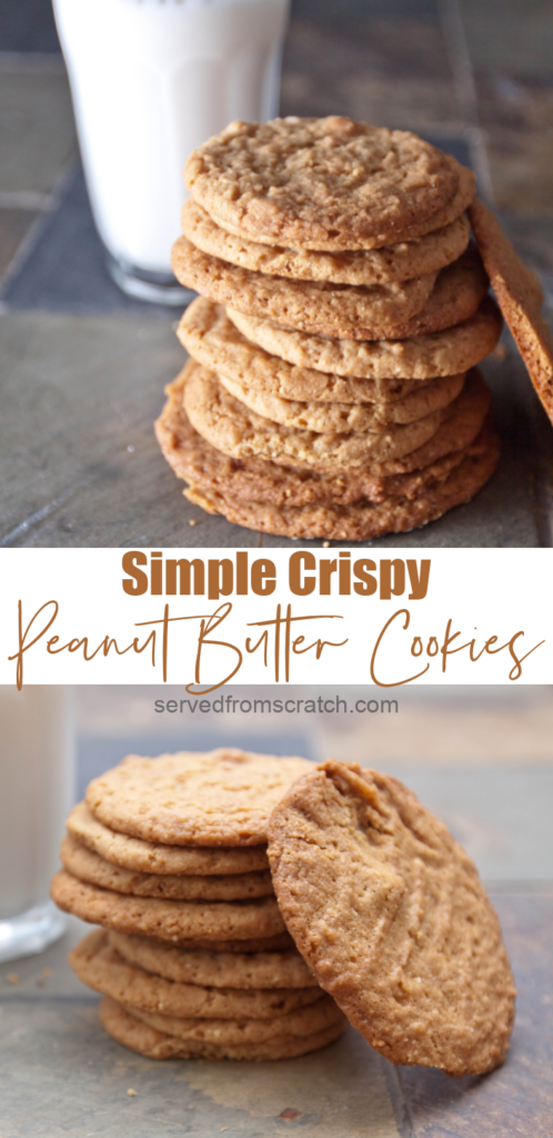 stacked peanut butter cookies in front of a glass of milk with Pinterest Pin text.