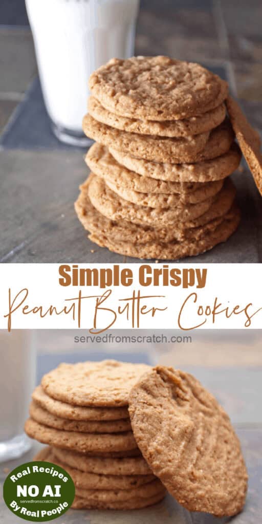 a stack of thin crispy cookies in front of a glass of milk with Pinterest Pin Text and NO AI Sticker.