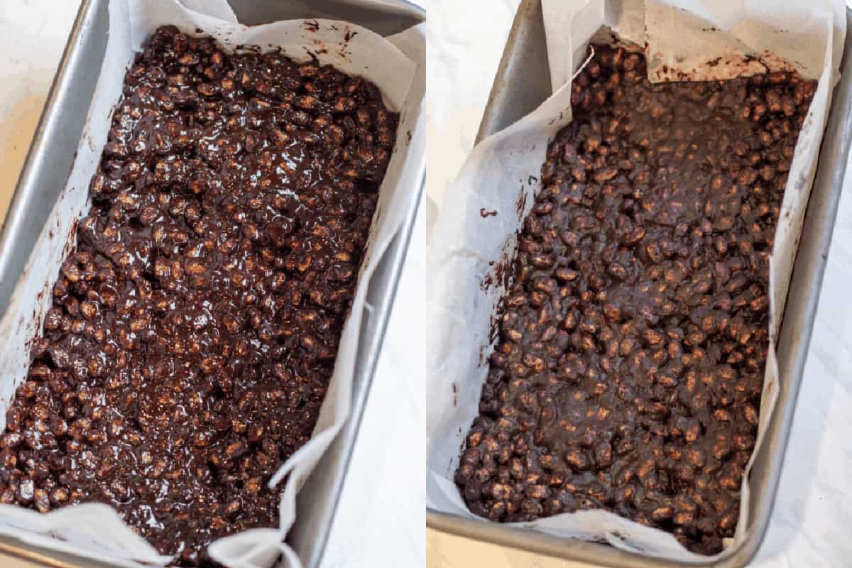 a loaf pan with crunch bars and frozen.