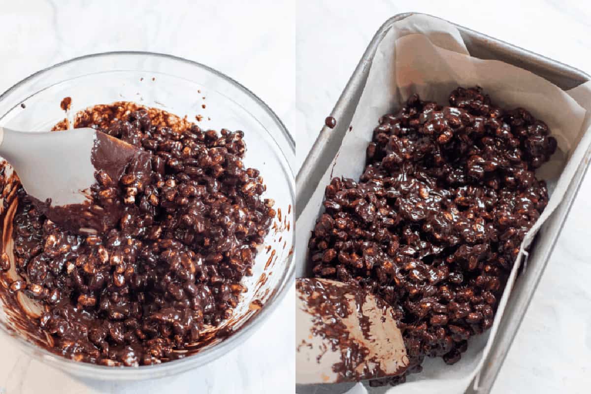 a bowl of cereal with chocolate mixed and then poured into a loaf pan.