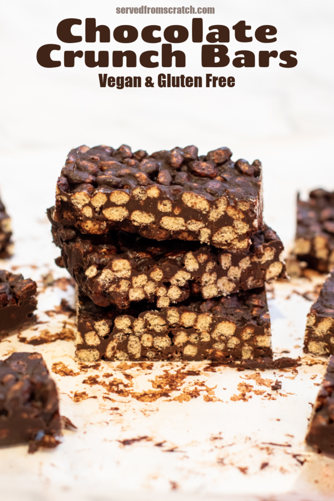 stacked chocolate rice cereal bars with Pinterest pin text.