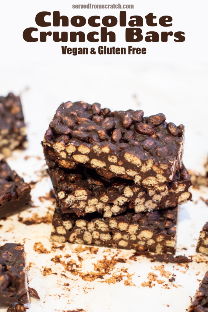 stacked chocolate rice cereal bars with Pinterest pin text.