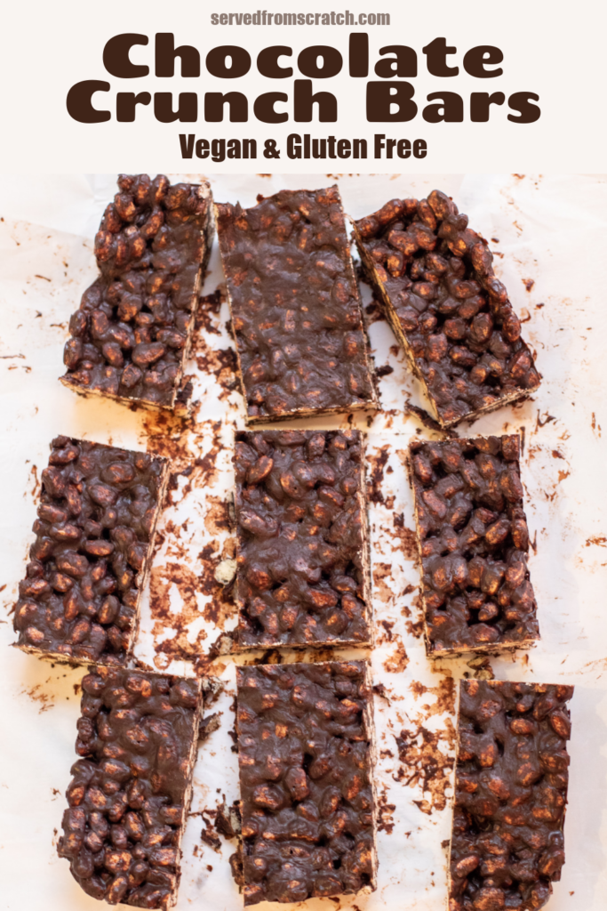 stacked chocolate rice cereal bars with Pinterest pin text.