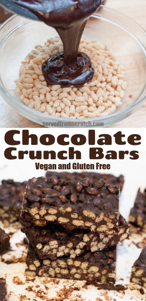 stacked chocolate rice cereal bars and a bowl of rice cereal with chocolate being poured in with Pinterest pin text.