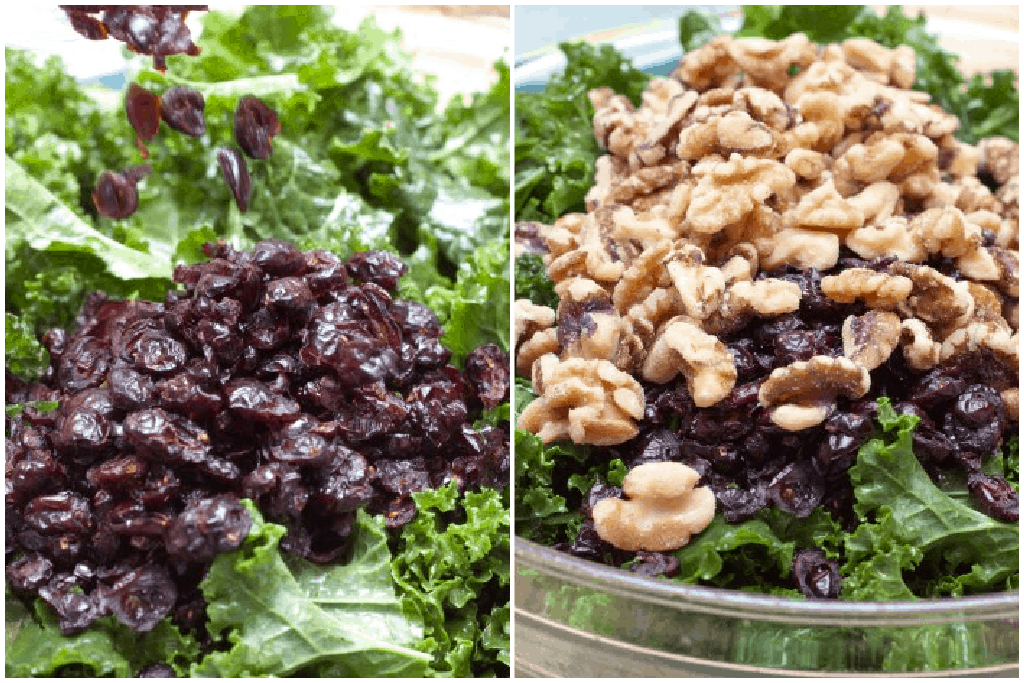 kale topped with dried cranberries and a bowl with kale and cranberries and walnuts 