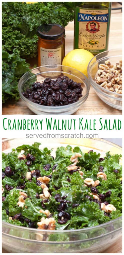 cranberries, honey, kale, olive oil, lemon and walnuts on counter and then all mixed in a salad with pinterest pin text.