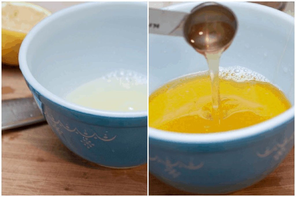 two bowls one with lemon juice and one with honey being poured in with a oil