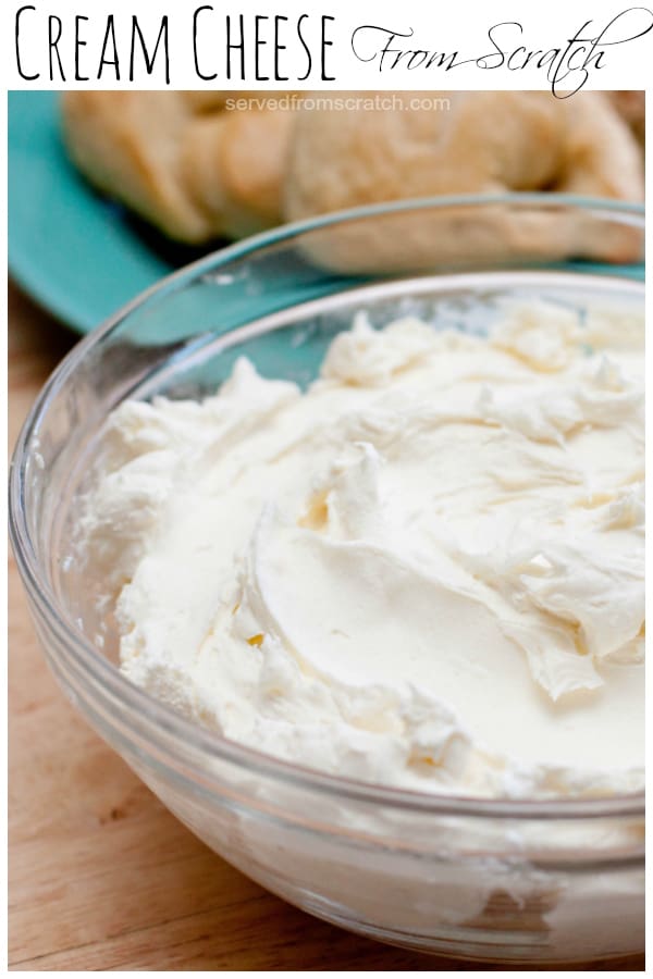 a bowl of cream cheese with Pinterest pin text.