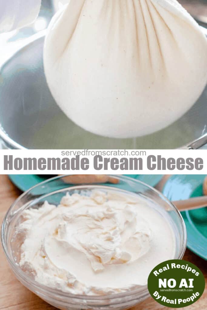 a cheese cloth hanging, Pinterest pin text, and a bowl of cream cheese and NO AI sticker.