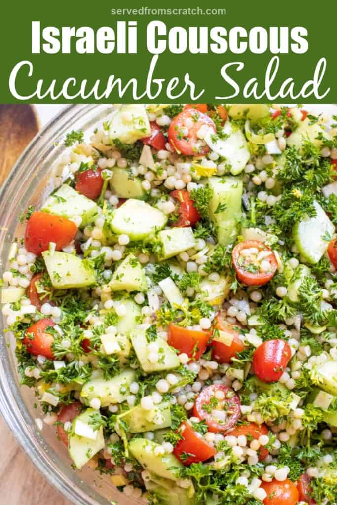 an overhead of a bowl of couscous, cucumber, tomato salad with fresh herbs and Pinterest pin text.