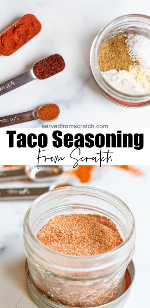 measuring spoons and open mason jars with taco seasoning and Pinterest pin text.