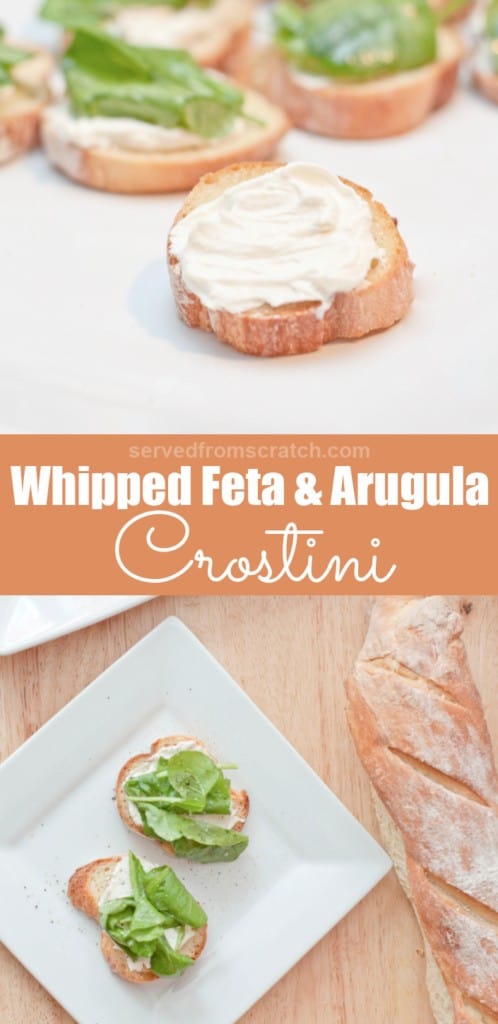 a place with arugula topped crostini with Pinterest pin text.