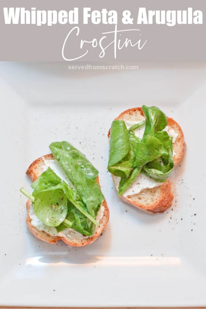 a place with arugula topped crostini and Pinterest pin text.