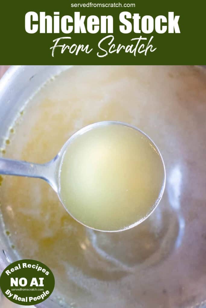 a ladle over a stock pot with Pinterest pin text and no AI sticker.