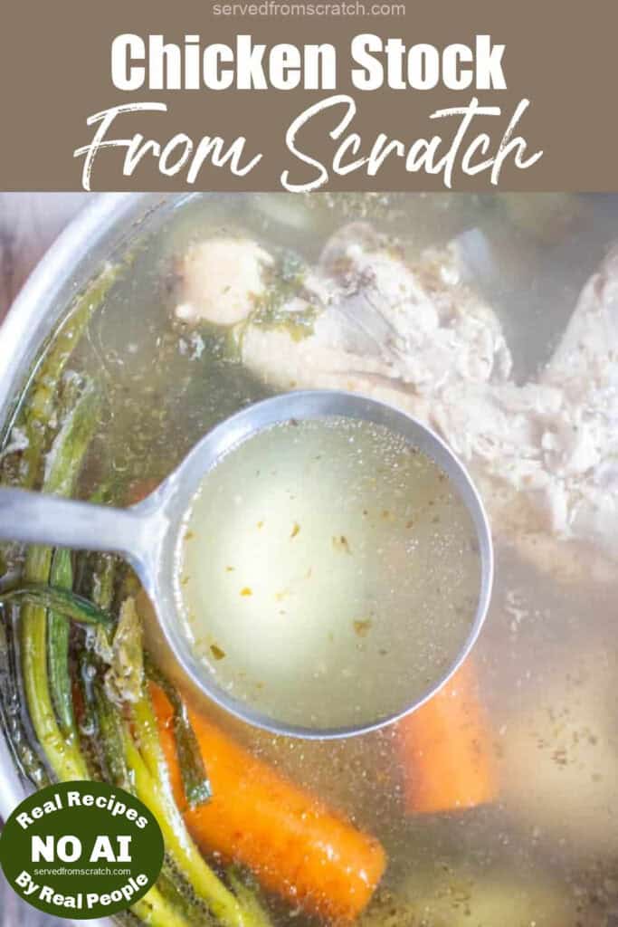 a ladle over a stock pot with Pinterest pin text and no AI sticker.