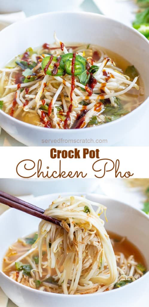 a bowl of chicken pho with chopstick holding up noodles and chicken with Pinterest pin text.