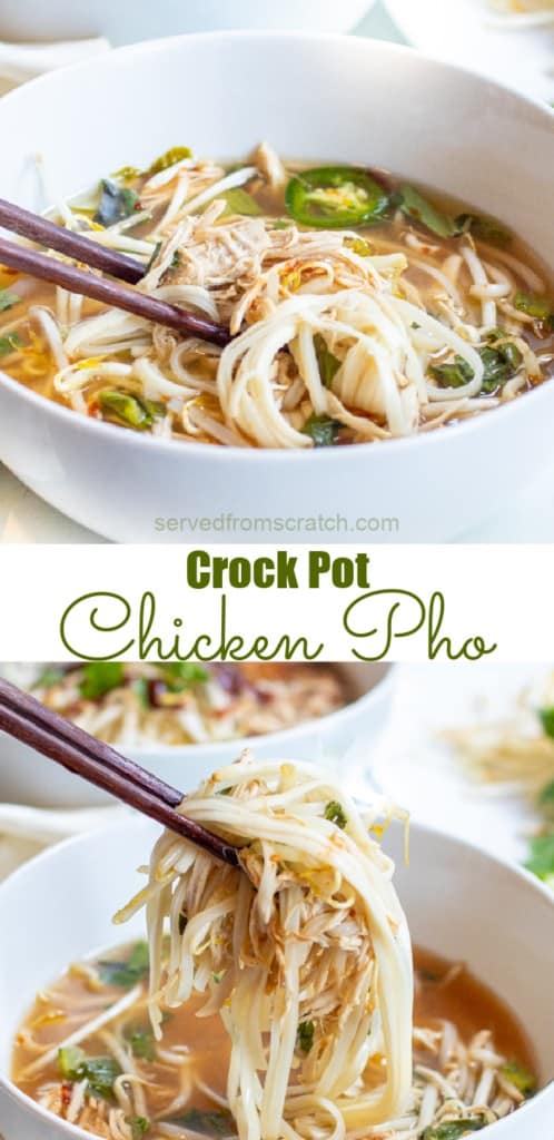 a bowl of pho with chopsticks and chopsticks holding up a bite with Pinterest pin text.