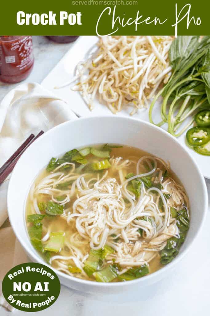 an overhead of a bowl of pho with chopsticks and Pinterest pin text with NO AI sticker.