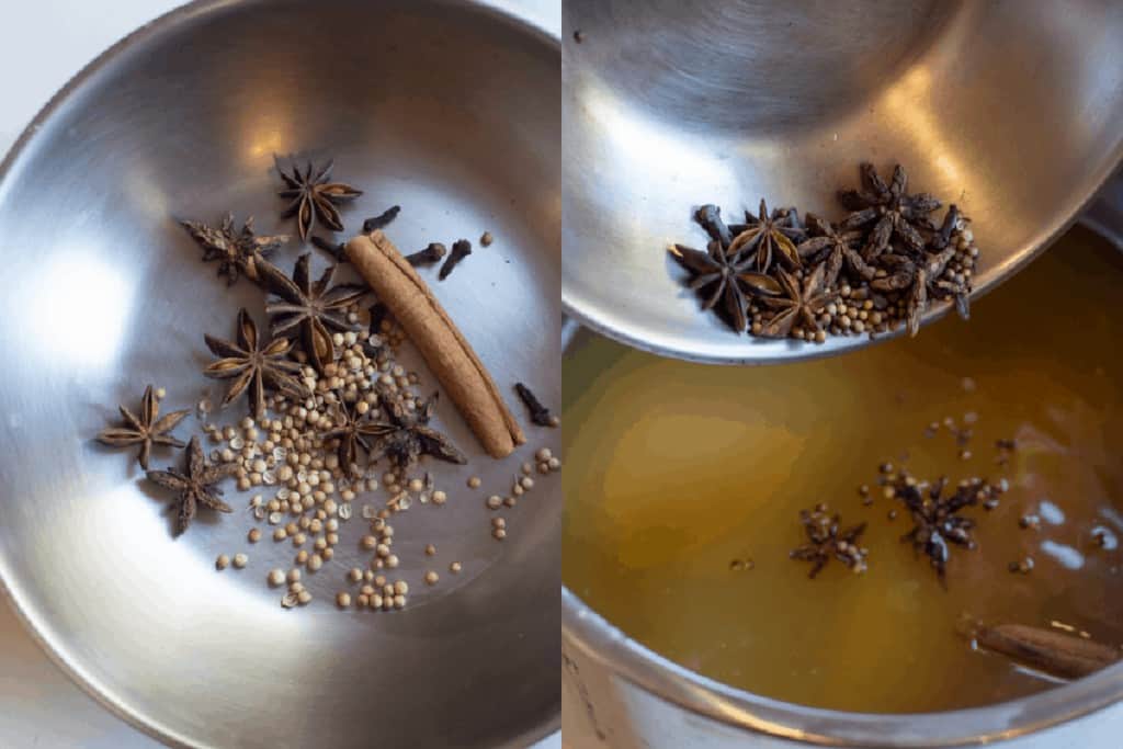 a pan with toasted spices and putting them into the broth.