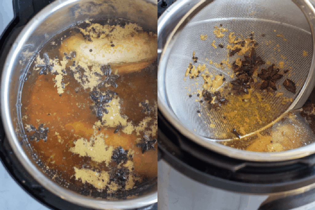 top of pot with cooked broth and chicken and sieve gathering spices out.