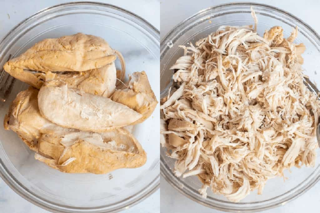 a bowl of cooked chicken and second picture of chicken shredded.