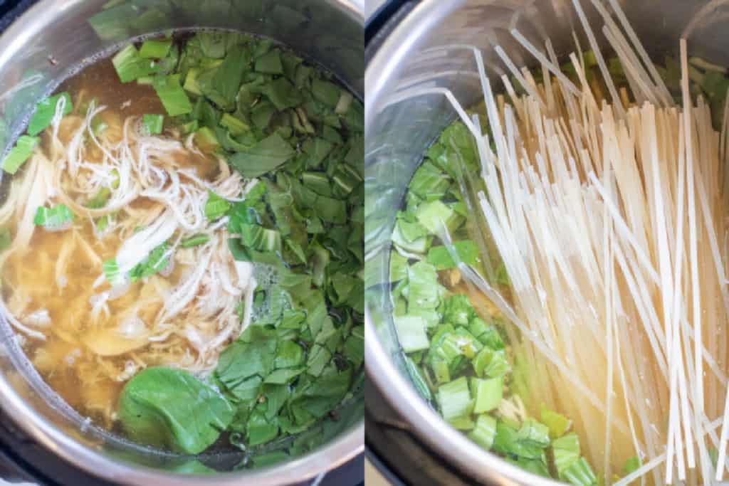 pot with shredded chicken and chopped bok choy and then again with rice noodles.