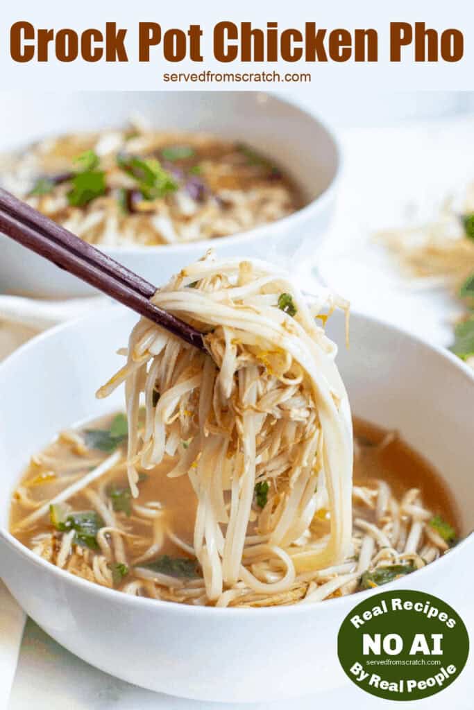 Pinterest pin text with chopsticks holding up a bite of noodles and chicken over the bowl with NO AI sticker.