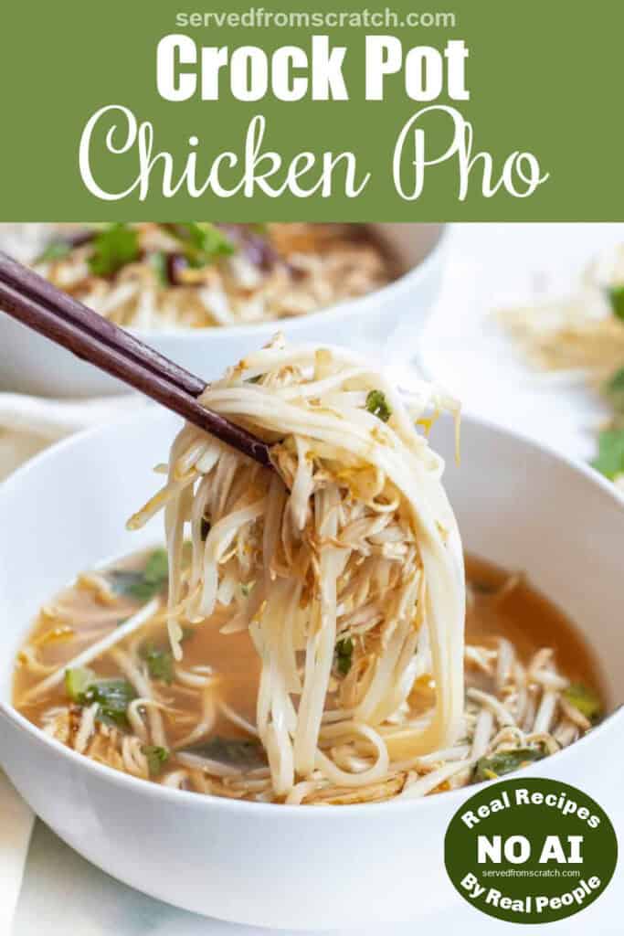 Pinterest pin text with chopsticks holding up a bite of noodles and chicken over the bowl with NO AI sticker.